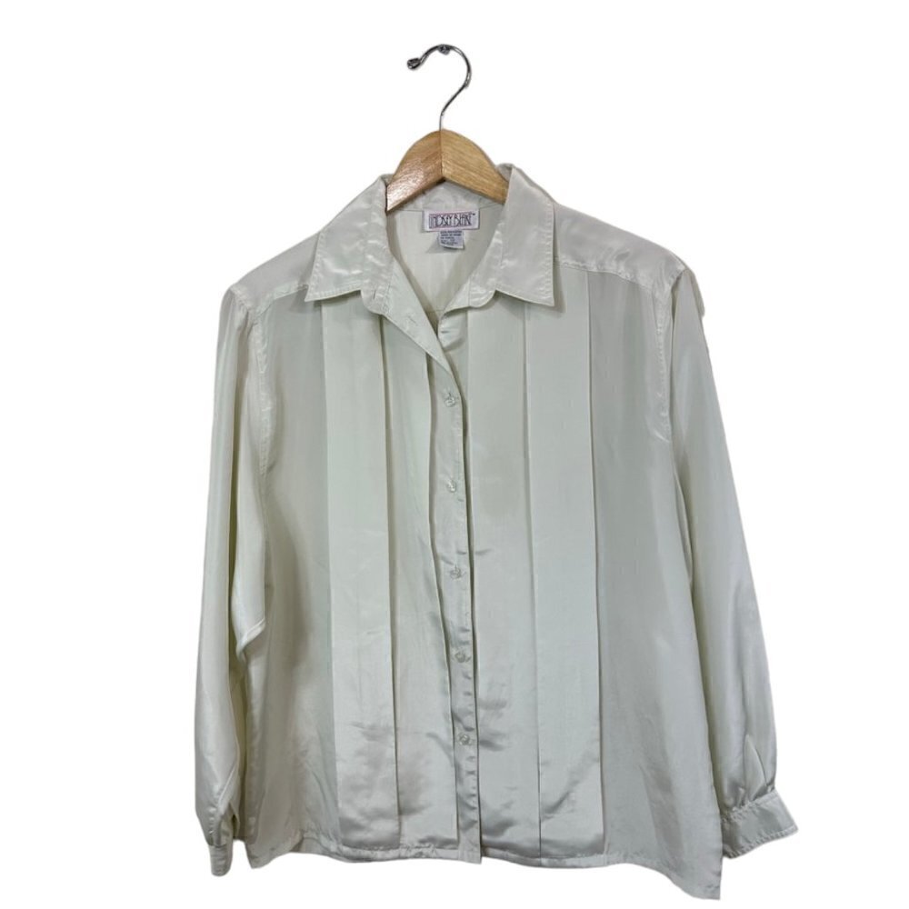 Vintage 80s Cream Pleated Long Sleeve Blouse, 12